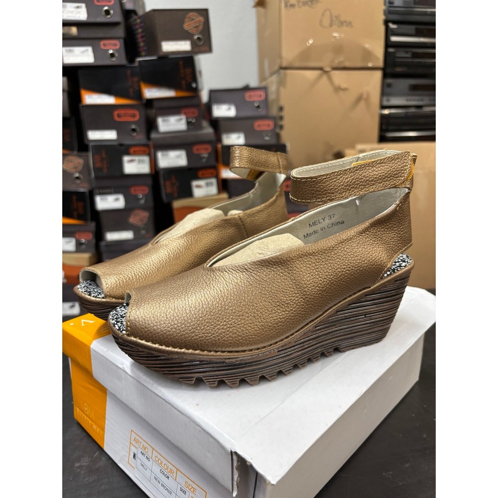 Bernie Mev Mely New Bronze Metallic Peep Toe Wedge Sandals Size 37 US 6-6.5